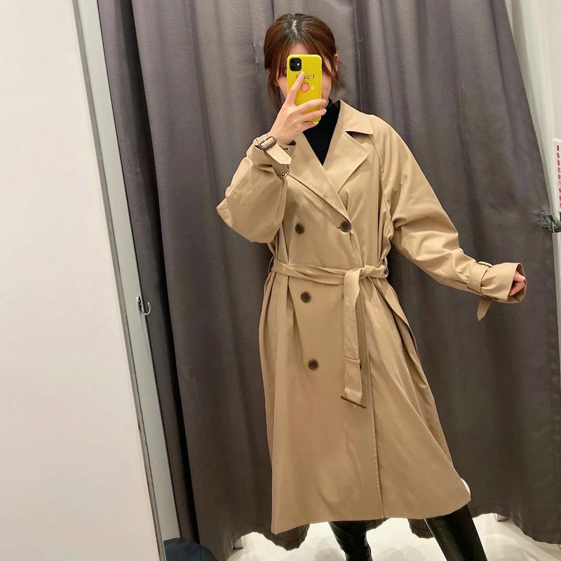 コート レディース ダブルブレスト ウエストマーク ミドル丈 綿 混紡 スプリングコート カーキ ブラック ベージュ