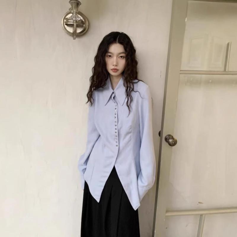 シャツ レディース 通勤 長袖 トップス 無地 スリムフィット ポロ襟 ブルー系 秋冬