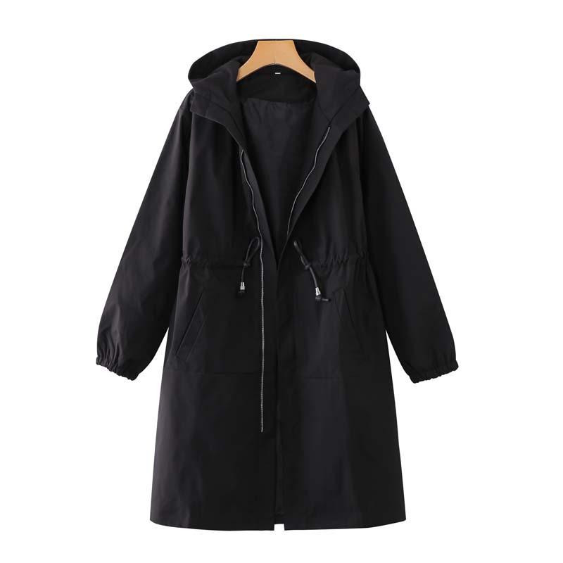 レディーススプリングコート 薄手 アウター ミドル丈 ウエストマーク 着痩せ効果 ゆったりサイズ ブラック ポロ襟 長袖 無地 ポケット付き