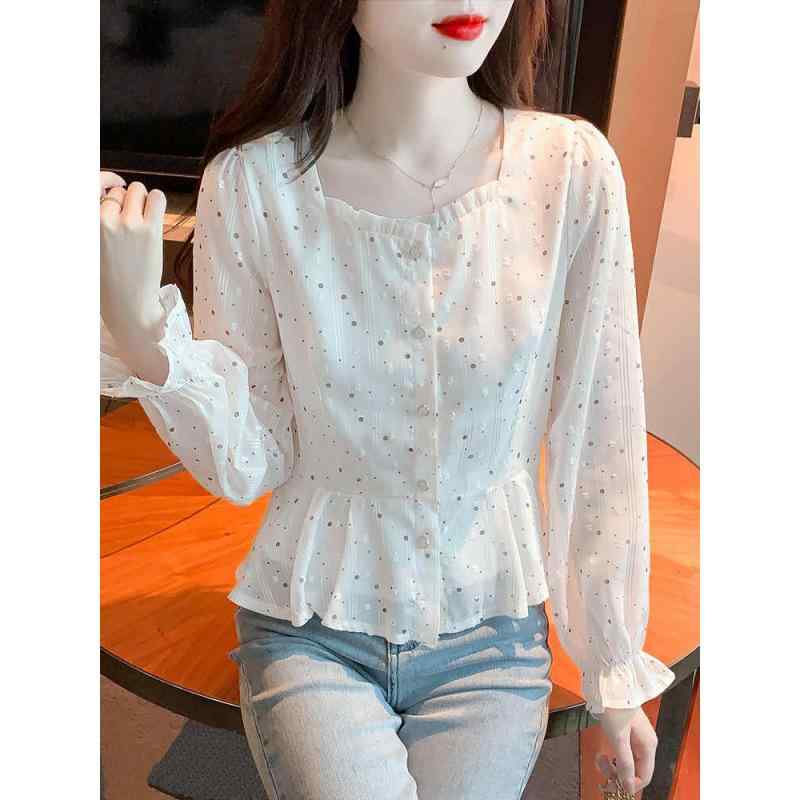 シャツ レディース 長袖 水玉 ドット柄 シフォンブラウス 秋物 トップス オフィス 通勤 きれいめ 白 パフスリーブ