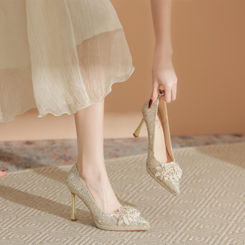 ・流行要素: スパンコール, 厚底・靴のつま先の形状: 尖ったつま先・アッパー素材: グリッター・スタイル: 韓国版・対象: 女性・ヒールの高さ: 8cm以上・パターン: 無地・適した季節: 夏, 冬, 春, 秋・カラー: シャンパン, ワ...