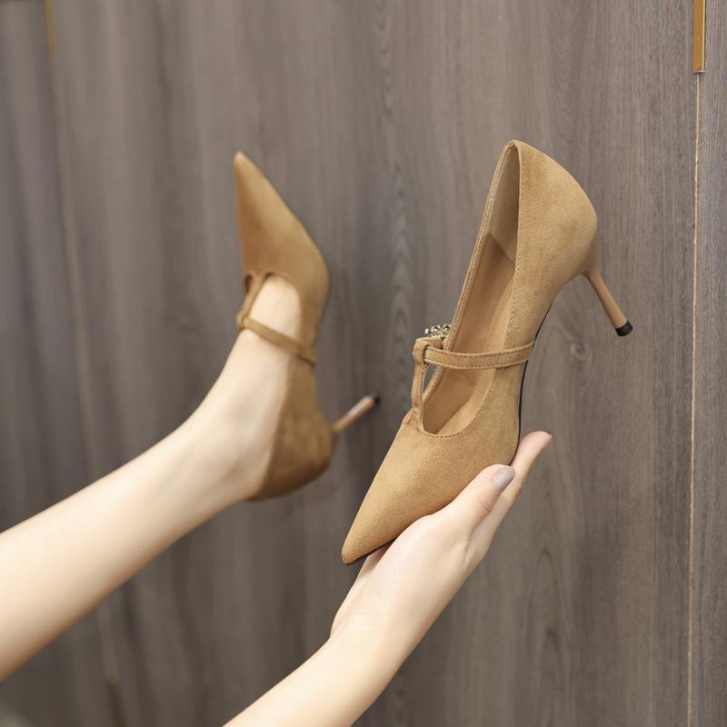 高跟パンプス レディース 韓国風 ラインストーン 7.5cmヒール ポインテッドトゥ ピンヒール スエード調 無地 春夏秋冬 ブラック ベージュ(4.0)