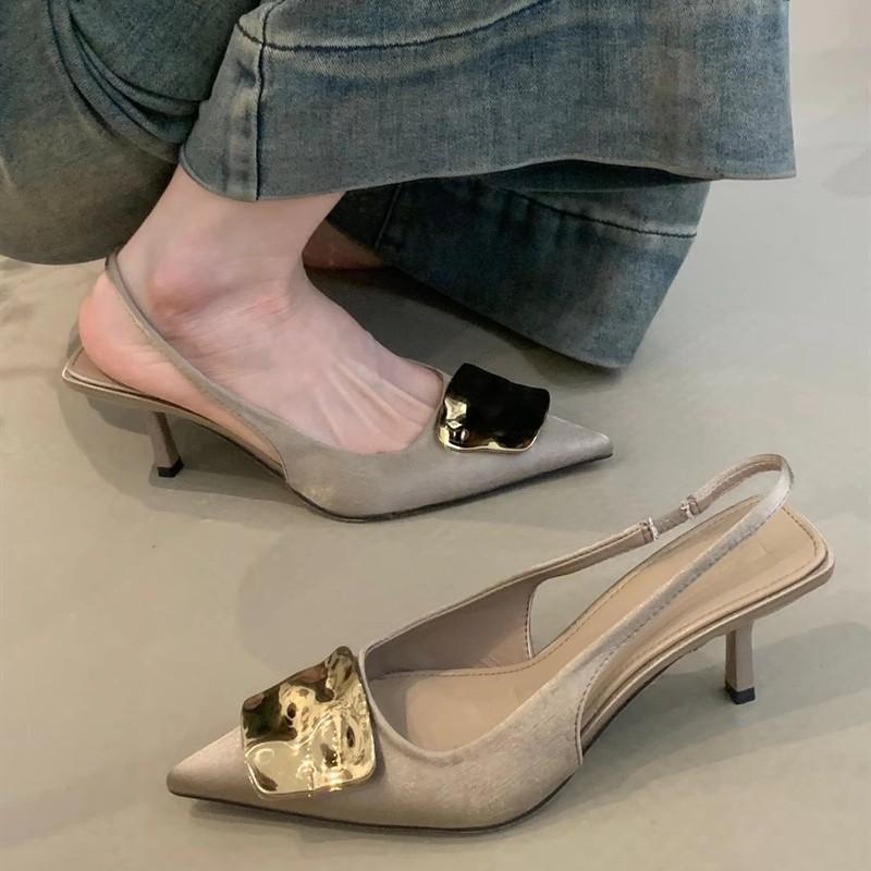 パンプス レディース 春夏 ポインテッドトゥ ローヒール メタルバックル チャンキーヒール 超繊維 合皮 ブラック ブラウン パープル グリーン 韓国風 エレガント きれいめ かわいい(4.0)