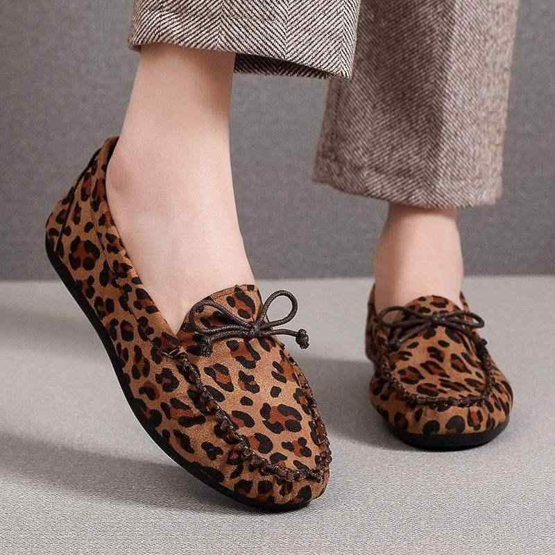 靴 レディース 豹柄 ヒョウ柄 粗跟 楽ちん 柔らかい ローファー パンプス ぺたんこ靴 フラットシューズ ラウンドトゥ スリッポン 婦人靴 歩きやすい 履きやすい かわいい カワイイ 韩版 コーヒー色 驼色