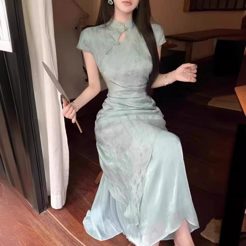 乐天商城 - チャイナドレス レディース 半袖ワンピース Aライン ロング丈 ポリエステル 中国風 半高襟 斜め襟 切り替え 夏 文芸復古