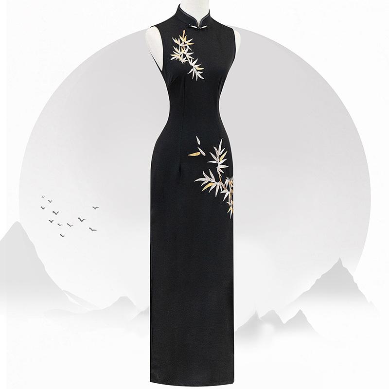 チャイナドレス レディース ブラック 金 竹 新 中華風 2025年 サマー ノースリーブ ワンピース ポリエステル 刺繍 レトロ 文芸復古