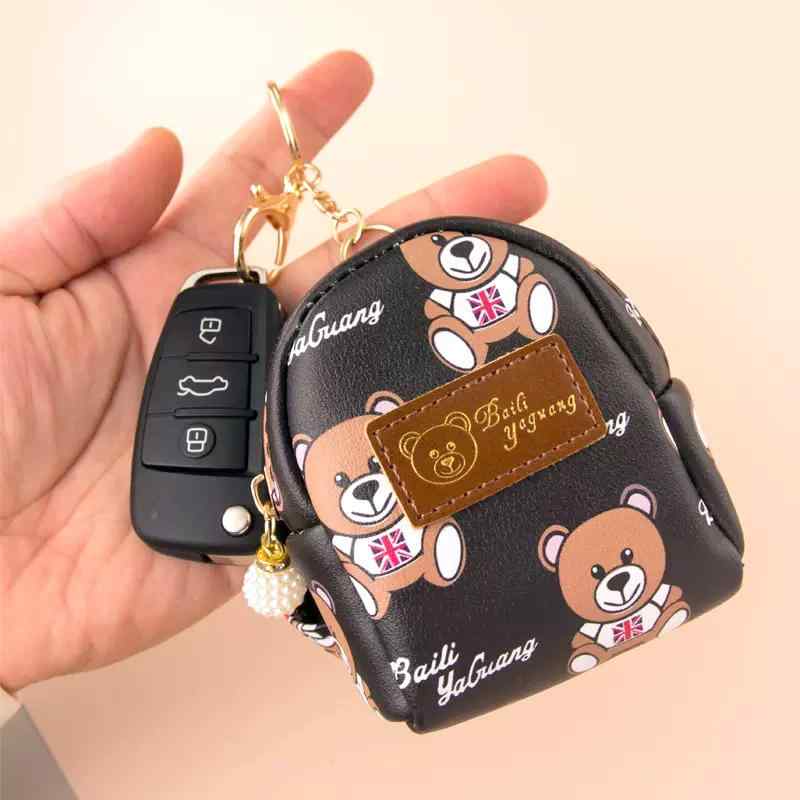 コインケース レディース かわいい 小熊 アップリケ チャーム カード収納付き ミニ財布 キーホルダー付き 韓国風