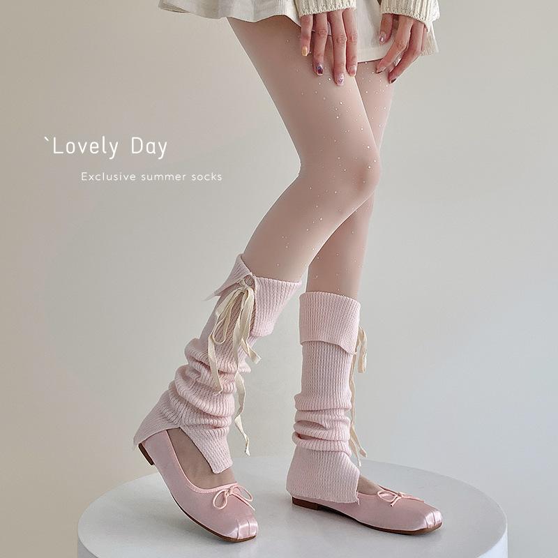 靴下 レディース バレエ風 ソックス 網み上げ 蝶結び ニット 無地 韓国風 スリット入り ニーハイソックス レッグウォーマー 春夏 秋冬