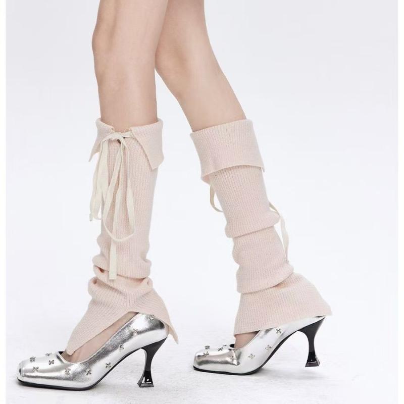 靴下 レディース バレエ風 甜美 薄手 リボン 蝶結び ニット 無地 ソックス 韓国風 美脚 スリット レッグウォーマー アクリル 通気性 春夏秋冬 オールシーズン