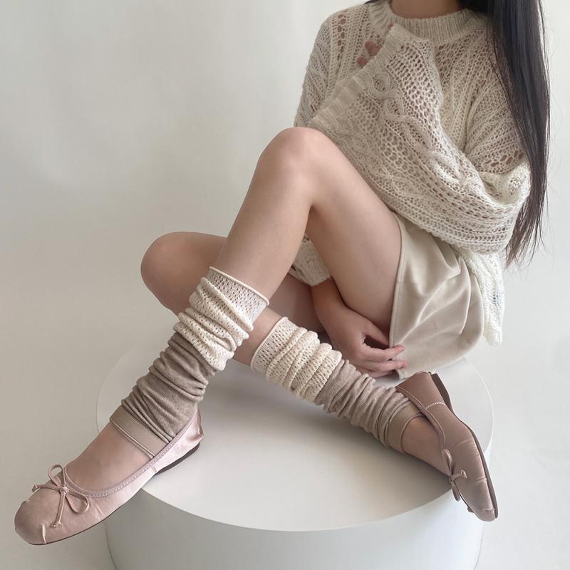 レッグウォーマー レディース 靴下 コットン ニット 切り替え 暖かい ミルクベージュ ブラック 膝下 秋冬