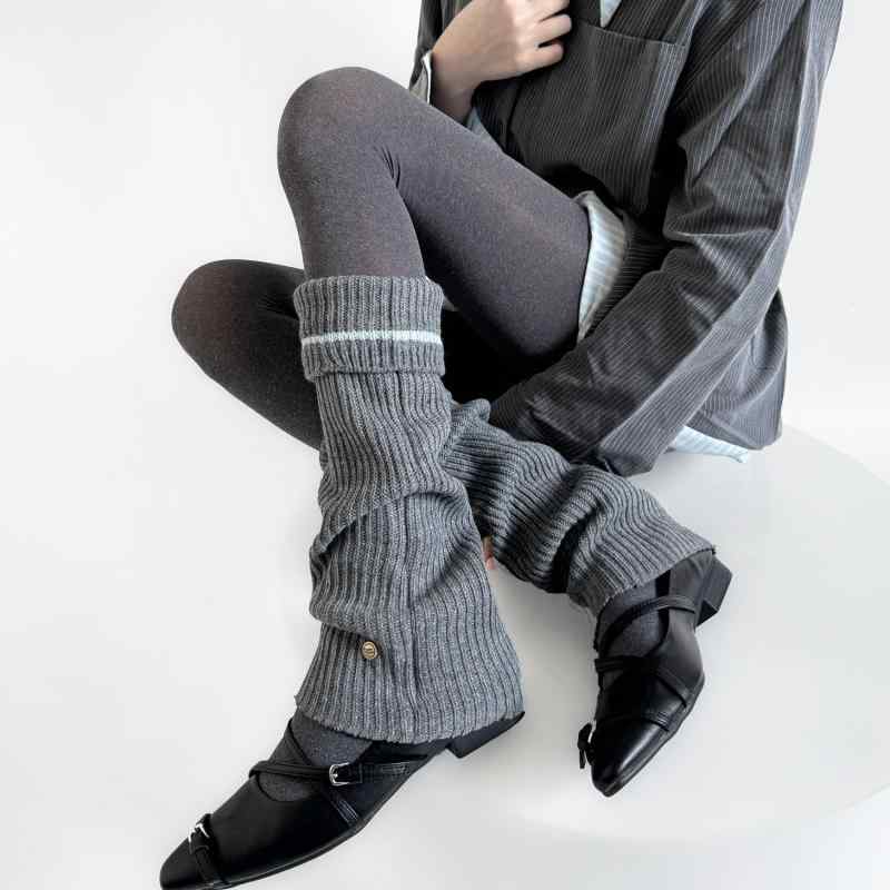靴下 レディース 秋冬 ニット レッグウォーマー ボーダー柄 ミドル丈 アクリル あったか 冷え対策 学院風 かわいい メタルボタン 5色
