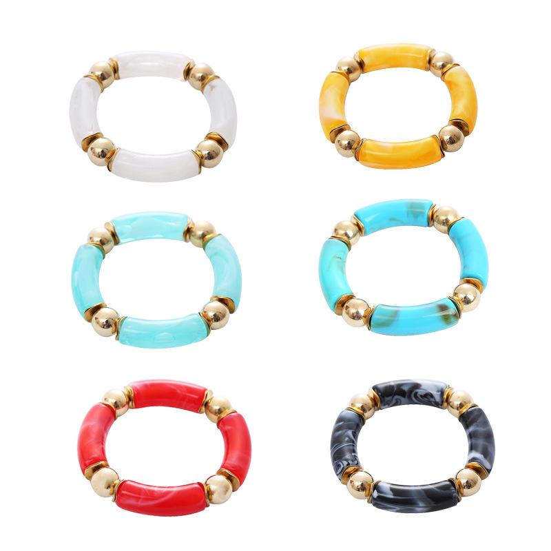 Jade - ブレスレット レディース アクリル製 カラフル 弧形 チューブ ゴールド ビーズ ストレッチ ブレスレット 春夏 海 ビーチ パープル ピンク系