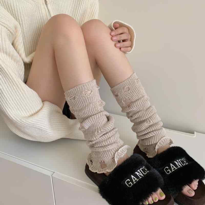 靴下 レディース 秋冬 個性 破れ加工 ニット 中筒丈 ニーハイ レッグウォーマー 灰色 綿混紡 あったか