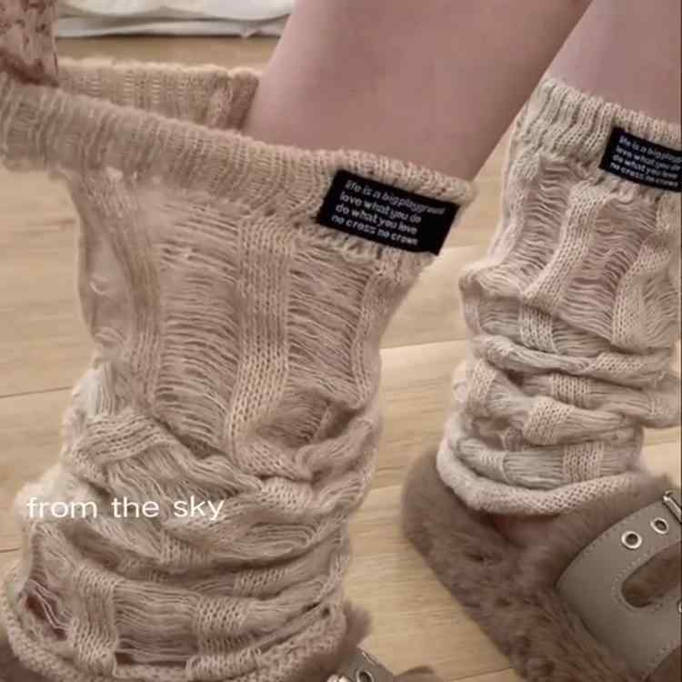 靴下 レディース ソックス 秋冬 高筒 ケーブル編み ニット 破れ加工 スポーティー カジュアル カーキ ブラウン グレー ブラック ホワイト