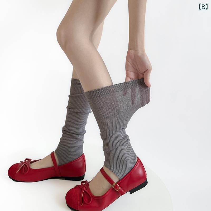 レッグウォーマー レディース バレエ風 接触冷感 細針 縦縞 美脚 薄手 伸縮性 春夏 ソックス 白色 灰色 黒色
