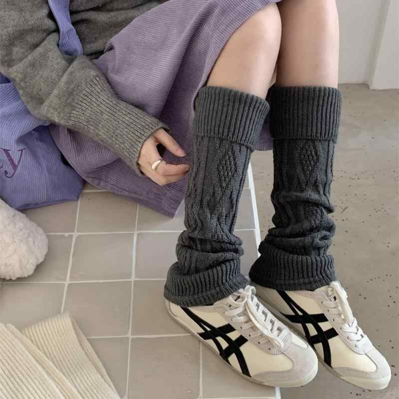 靴下 レディース 秋冬 ニット 菱形 ケーブル編み 無地 韓国風 ウール レッグウォーマー JK ルーズソックス