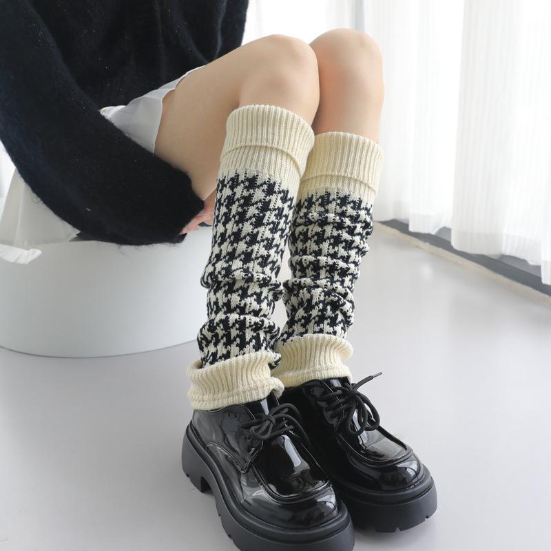 靴下 レディース 羊毛 千鳥格子柄 ニット レッグウォーマー 厚手 ハイソックス 秋冬 高筒ソックス 黒 カーキ グレー ベージュ オフホワイト