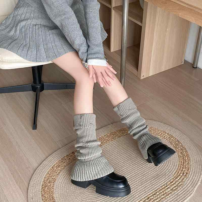 レッグウォーマー レディース 韓国ファッション 無地 リブ編み ダメージ加工 秋冬 暖かい 高筒 コットン ブラック ホワイト グレー ピンク系