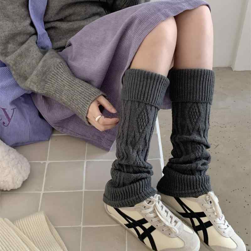 靴下 レディース 秋冬 ニット 菱形 アクリル ウール混 レッグウォーマー ミドル丈 無地 韓国風 カジュアル 冷え対策 あったか ソックス
