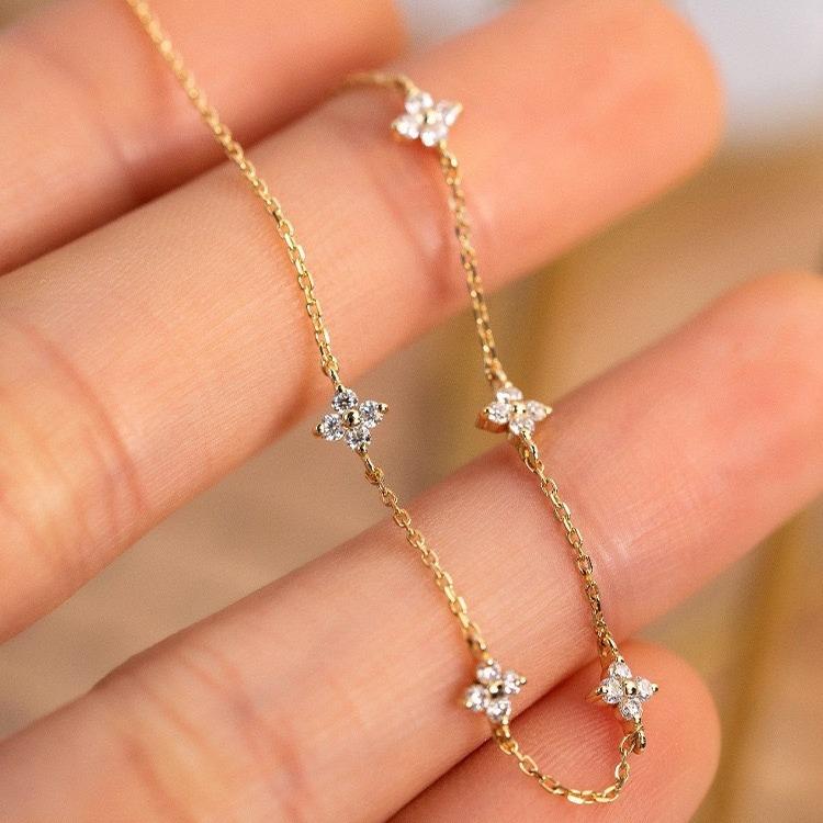 Peridot - ブレスレット レディース 四つ葉 クローバー 925シルバー ジルコニア 18K 金メッキ 16cm 花柄 リーフモチーフ ホワイトゴールドカラー 通勤 普段使い