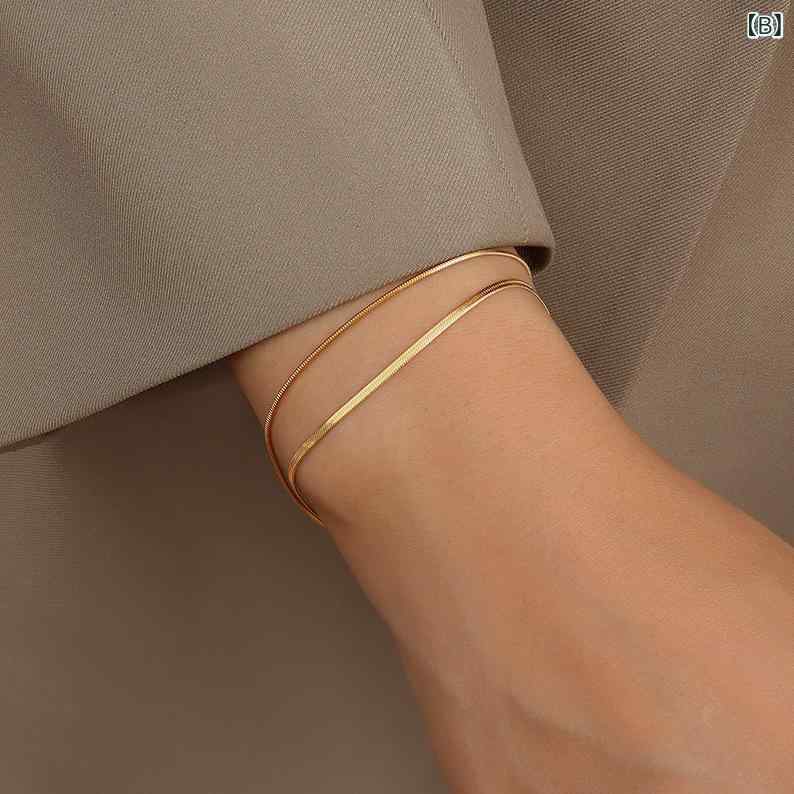 ブレスレット レディース チタン鋼製 電気メッキ加工 ダブルチェーン 幾何学模様 トレンド ジュエリー スティールカラー ゴールドカラー