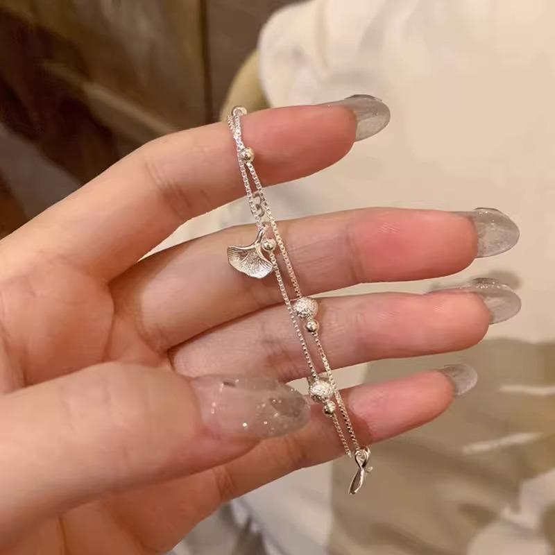 ブレスレット レディース 925シルバー 銀杏 リーフモチーフ 二連 電気メッキ加工 軽奢風 シルバーアク..