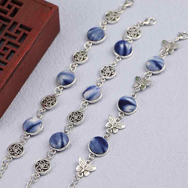 ブレスレット レディース ミックスカラー 花柄 藍染め 手染め エスニック アジアン テキスタイル 手編み ハンドメイド 縫製 開運 縁起物