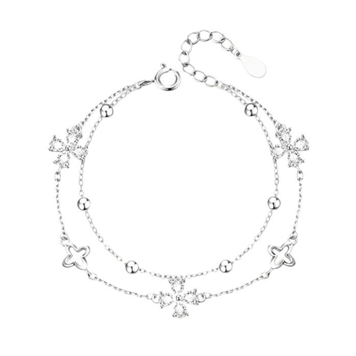 ブレスレット レディース S925 シルバー 四つ葉 クローバー 2連 銀メッキ ジルコニア 花柄 かわいい 上品 エレガント 手作り 腕飾り プレゼント