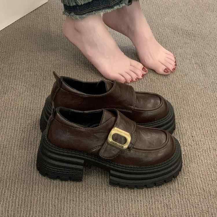 ローファー レディース 厚底 ローファーシューズ 黒 茶色 ラウンドトゥ チャンキーヒール 超繊維 フェイクレザー カジュアル 韓国風 秋