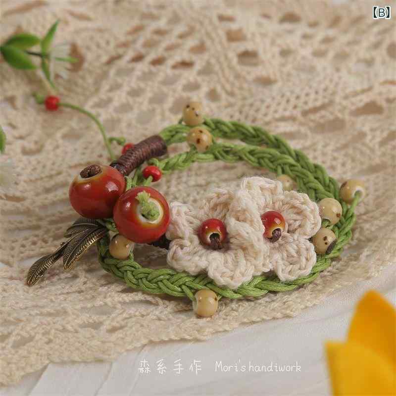 ブレスレット レディース 森ガール 花柄 手編み 陶器製 深緑色 ライトグリーン 清楚 かわいい ギフトボックス付き