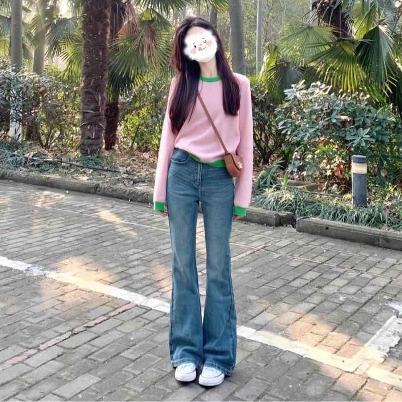 ニット セットアップ レディース ファッション 上下セット ツーピース 撞色 配色 プリンセス袖 長袖 トップス デニム パンツ ジーンズ きれいめ かわいい 清楚 S M L XL 秋冬 私服 名媛 普段使い