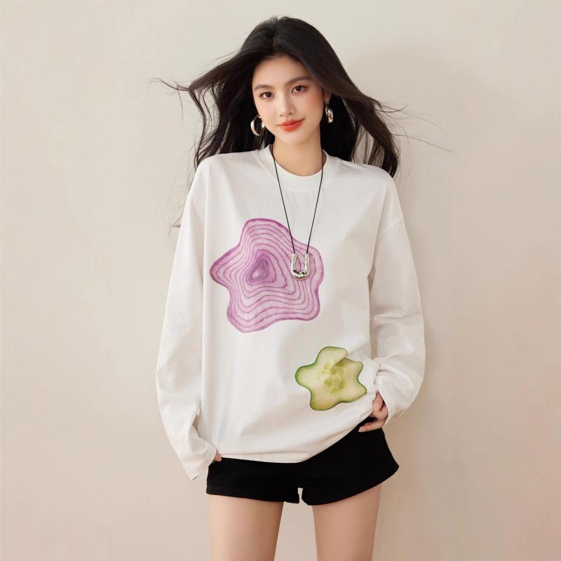 Tシャツ レディース 春物 トップス 水墨画風 花柄 プリント ゆったり 長袖 カットソー ラウンドネック コットン 洋葱白