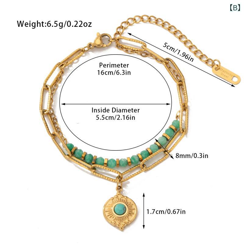 ブレスレット レディース チタン鋼 ボヘミアン 天然石 ビーズ 二連 ファッション 幾何学模様 エレガント 通勤 デート