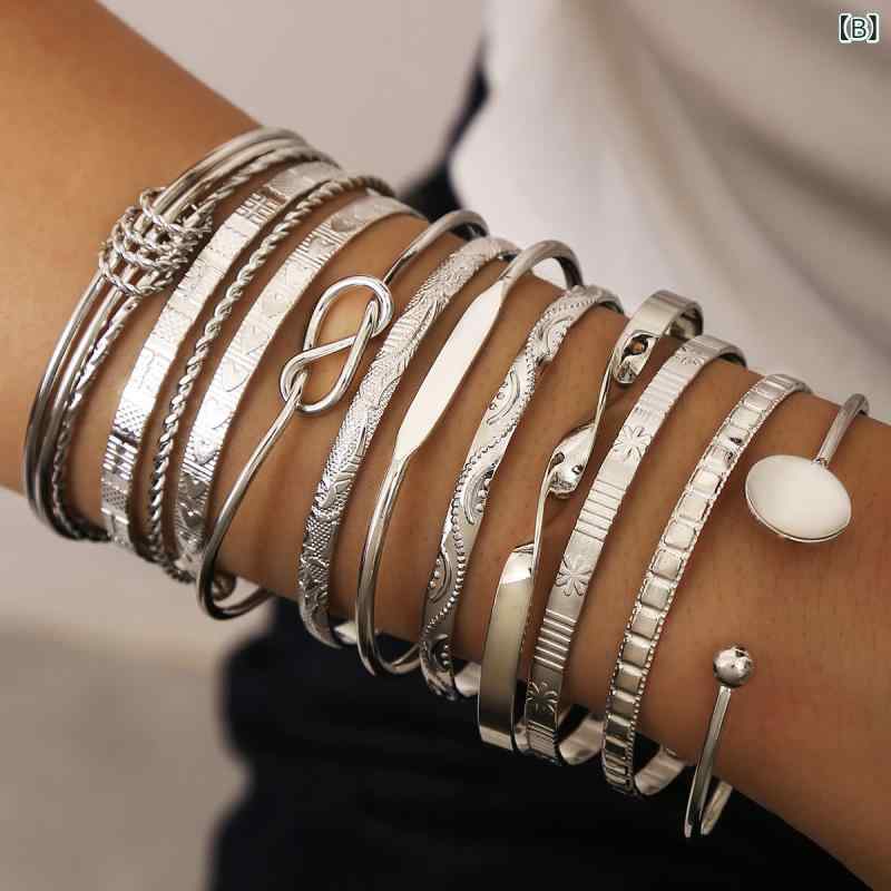 ブレスレット レディース バングル 幾何学模様 メタル 金属製 電気メッキ加工 金色 銀色 12点セット ファッション 普段使い 旅行