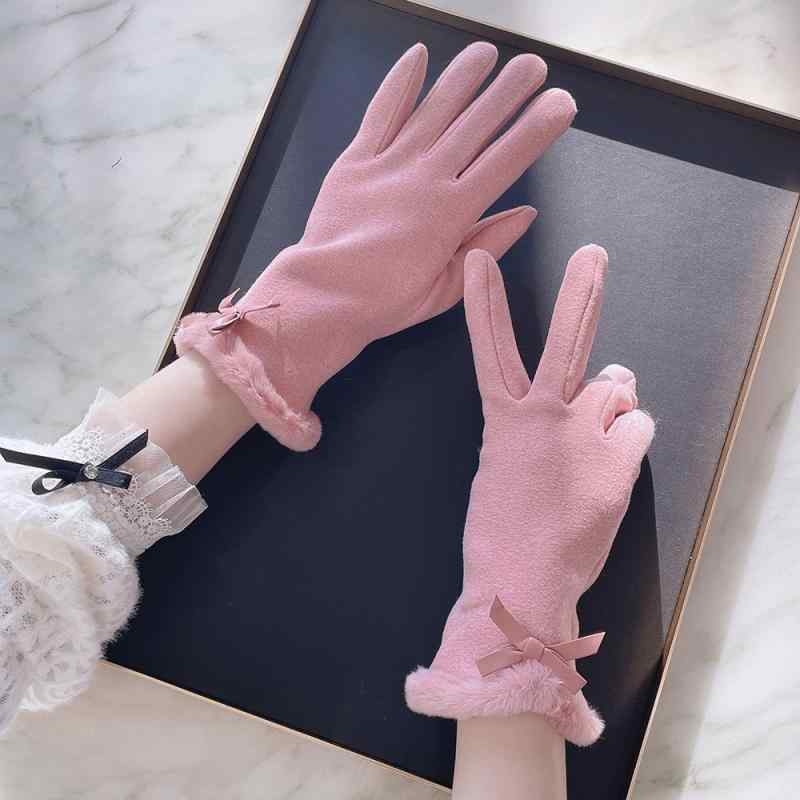 手袋 レディース 手袋 グローブ スマートフォン対応 防寒 暖かい 裏起毛 蝶結び フェイクファー アウトドア 秋冬 ピンク系 グレー キャメル ベージュ ブラック かわいい ガーリー