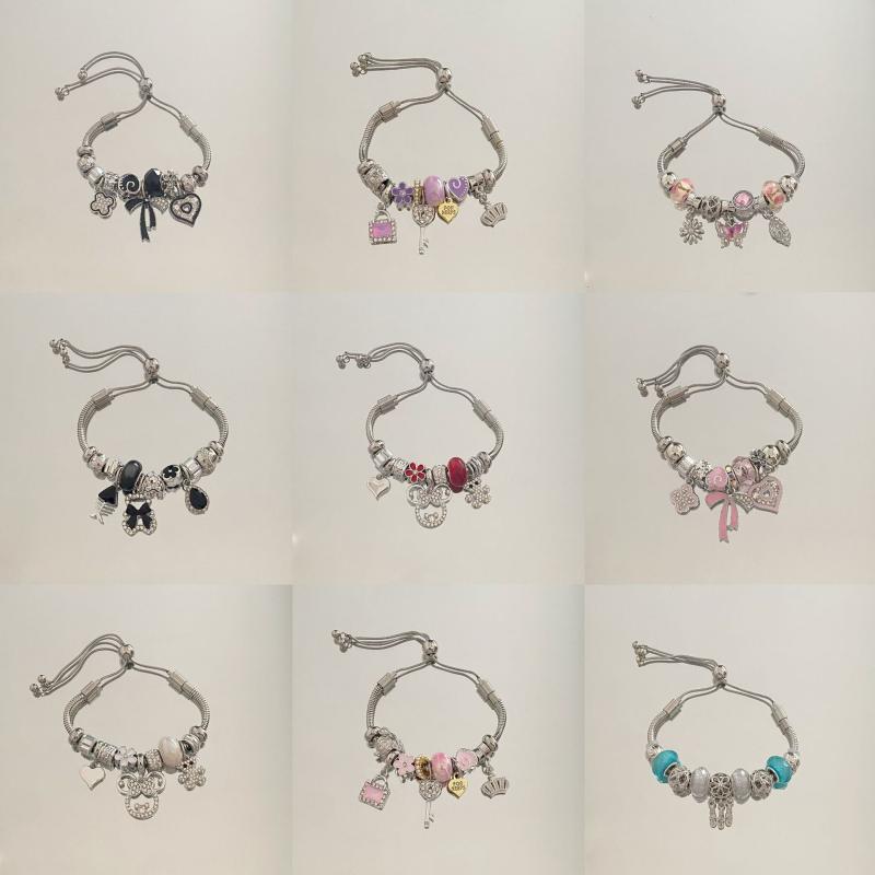 ブレスレット レディース 蝶結び ハート ステンレス アレルギー対応 蛇骨チェーン 韓国風 かわいい ブラック ピンク系 パープル ブルー シルバー