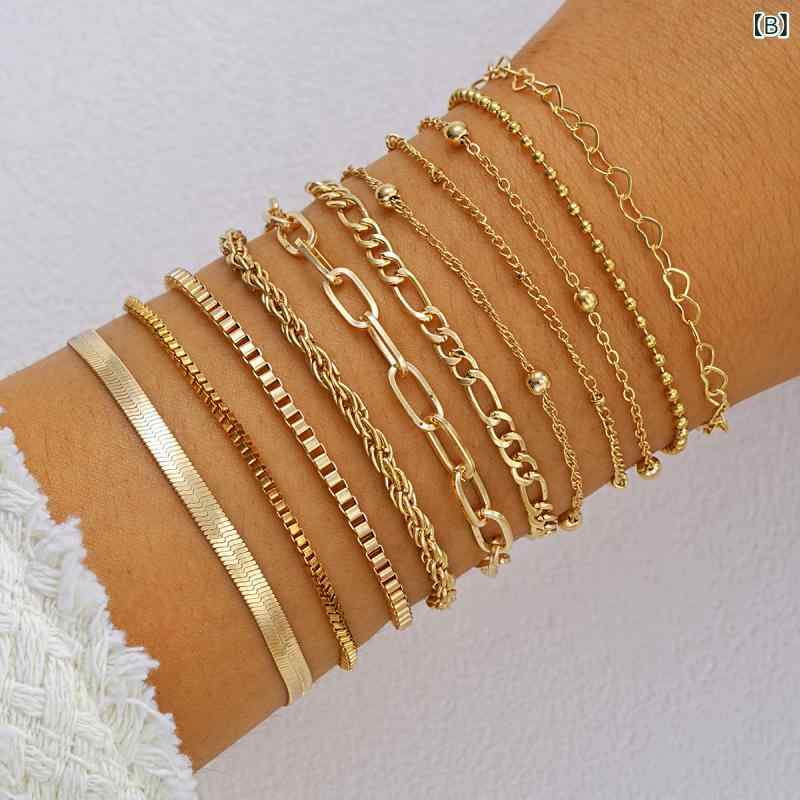 ブレスレット レディース メンズ ハート メタル チェーン 幾何学模様 レイヤード 重ね付け アレルギー対応 エレガント 高見え デイリー パーティー