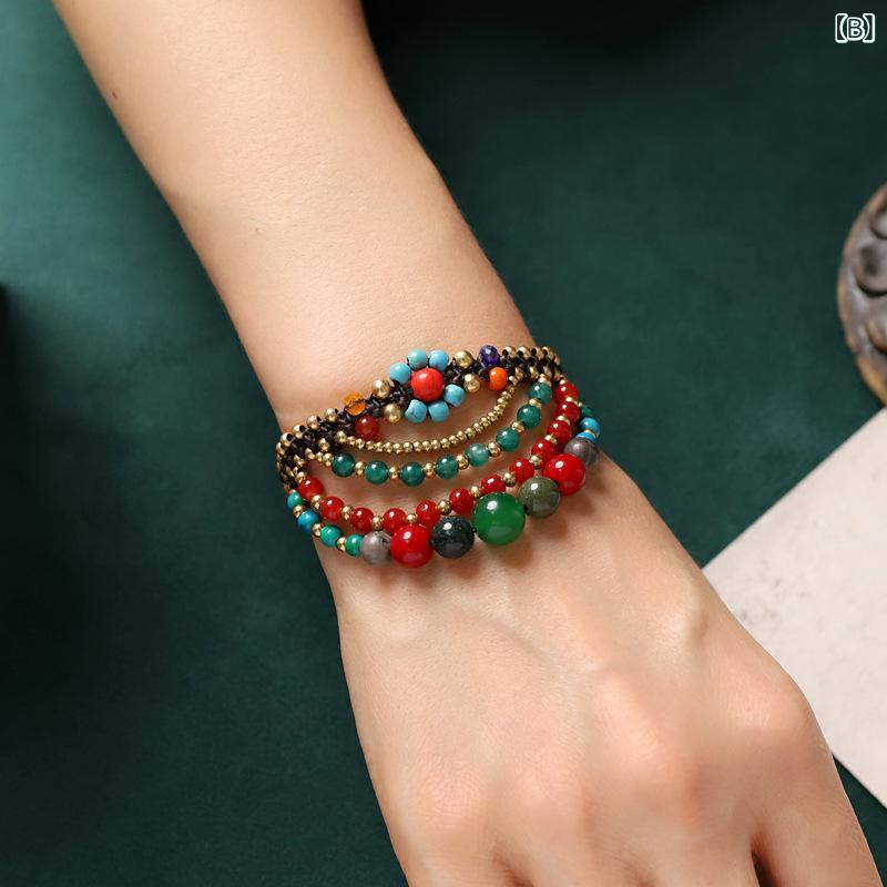 ブレスレット レディース 女性用 エスニック アジアン ボヘミアン 天然石 多層 ハンドメイド 手編み ミックスカラー レトロ U字 多層編み 花柄 ブルー系 グリーン系