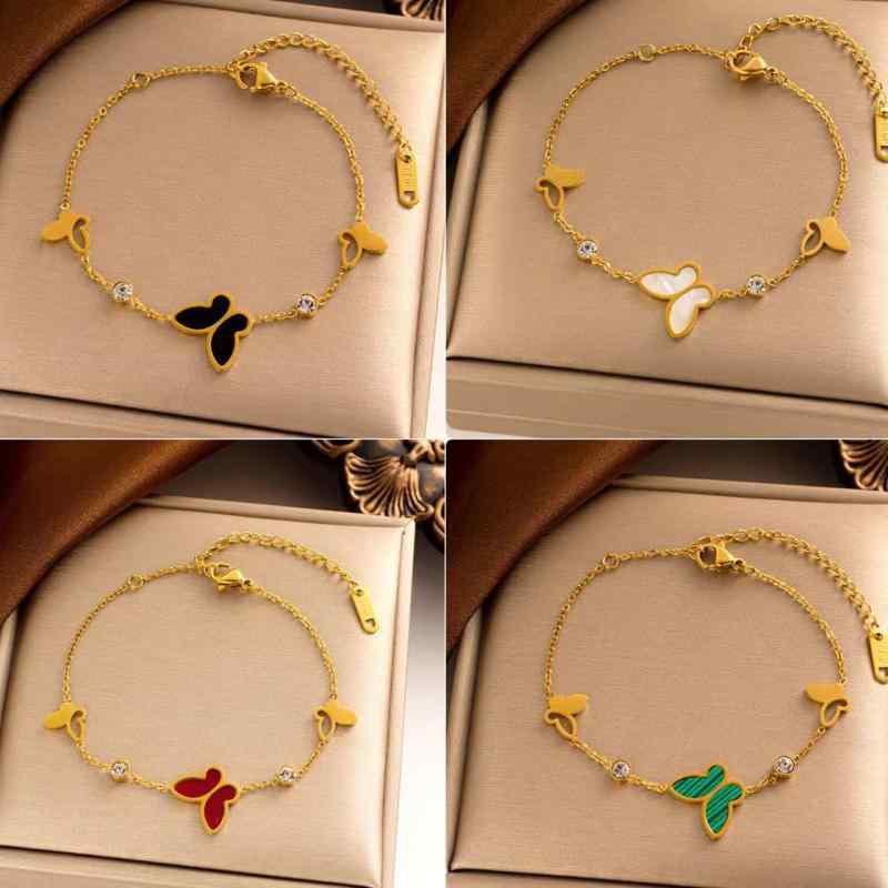 ブレスレット レディース チタン鋼 蝶 バタフライ 白貝 黒貝 赤貝 緑貝 ジルコニア 電気メッキ加工 ト..