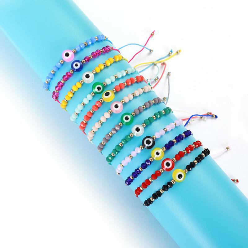 ブレスレット レディース メンズ 水晶 ビーズ 編み込み 悪魔の目 ガラス玉 アイモチーフ ブルー レッド ホワイト スカイブルー カラー ブラック
