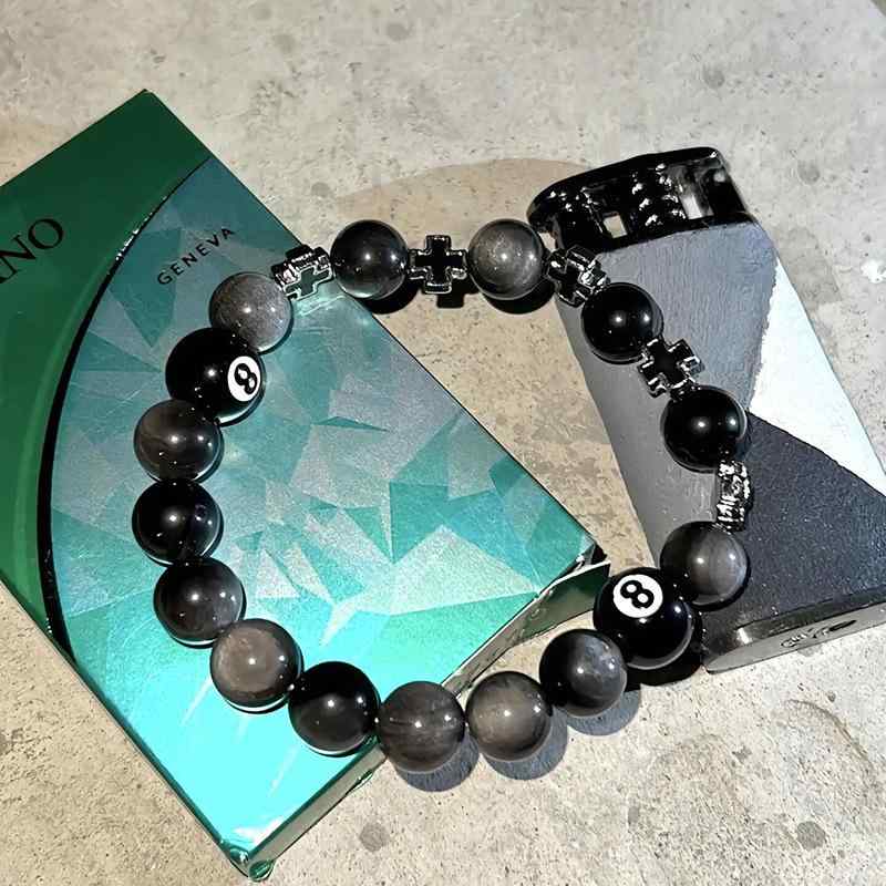 ブレスレット メンズ レディース 黒曜石 台球 クロス 十字架 ビーズ ハンドメイド 高級感 軽奢 百搭 S568-A