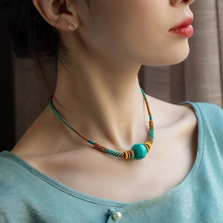 ネックレス レディース メンズ 高品質 手編み 蜜蝋 ターコイズ 天珠 ペンダント 丸玉 セーターチェーン..