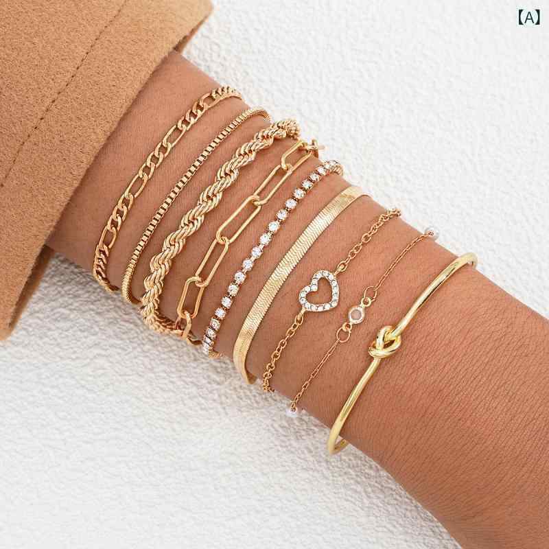 ブレスレット レディース メンズ 水钻 チェーン 9点セット 韓国風 幾何学模様 アレルギー対応 エレガント かわいい ギフト