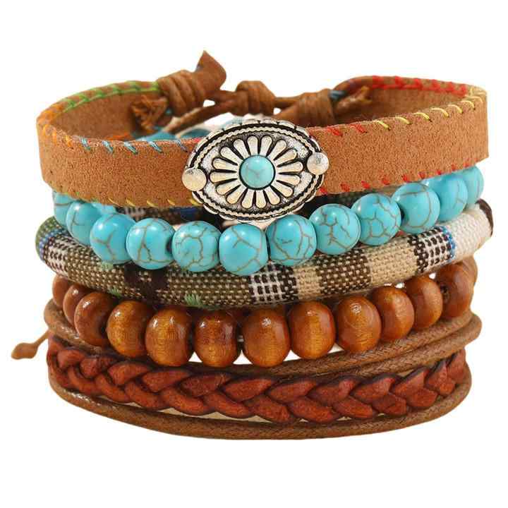 ブレスレット レディース メンズ ボヘミアン ターコイズ風 ビーズ レザー 手編み 花柄 ウッドビーズ レトロ ヴィンテージ 男女兼用 アクセサリー