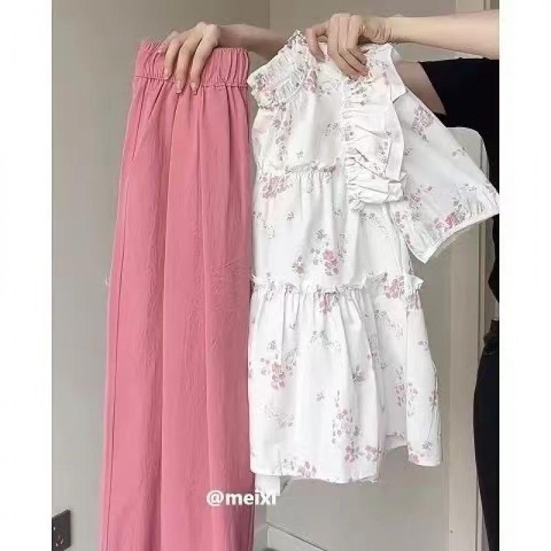 セットアップ レディース 半袖ブラウス ＆ ワイドパンツ 上下2点セット 花柄 楊柳シフォン 涼しい ゆったり 通勤 オフィス カジュアル 春夏