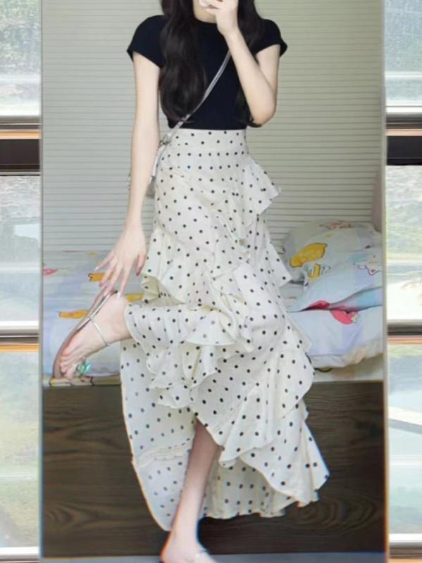 ワンピース レディース 韓国風 ファッション デザイン 波点柄 フリル 半袖 ロングスカート セットアップ 綿 ポリエステル 春夏 かわいい おしゃれ着 普段使い リゾート