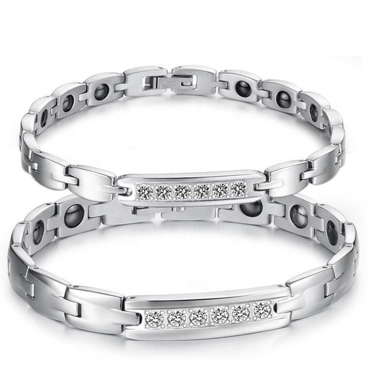 チタン鋼 ペア ブレスレット 磁気 幾何学模様 ジルコニア付き 男性用 女性用 アクセサリー ジュエリー ..