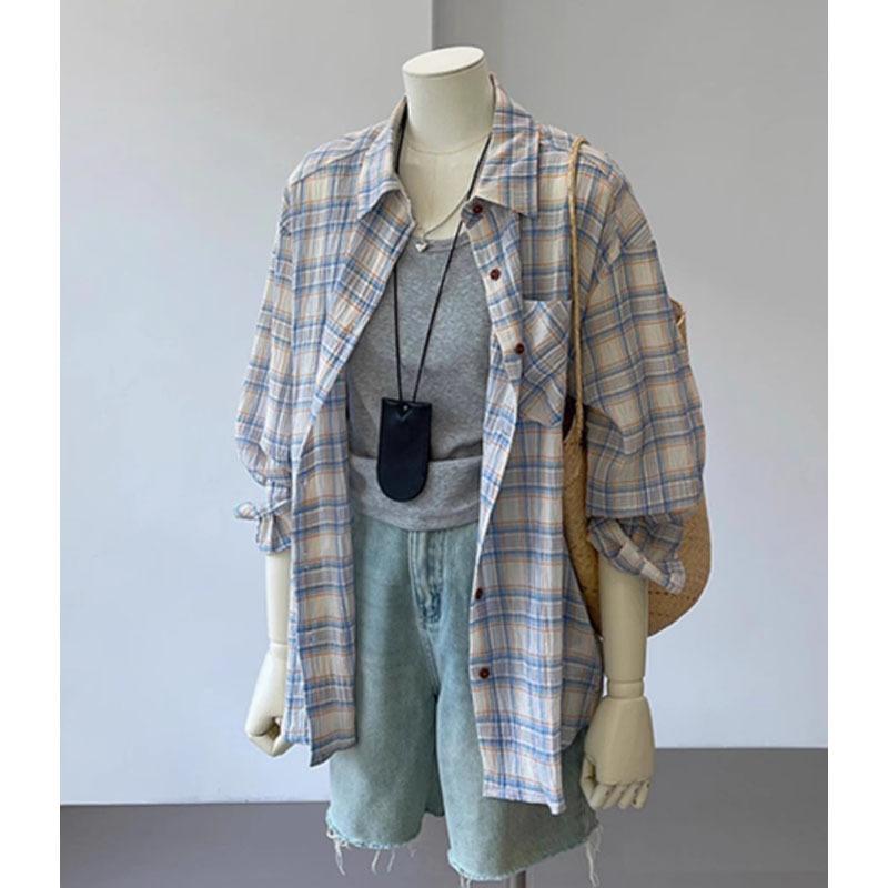 シャツ レディース 韓国風 彩色格子柄 襟付き ポリエステル 長袖 トップス ゆったり 体型カバー 紫外線対策 普段使い 清新 かわいい(4.0)