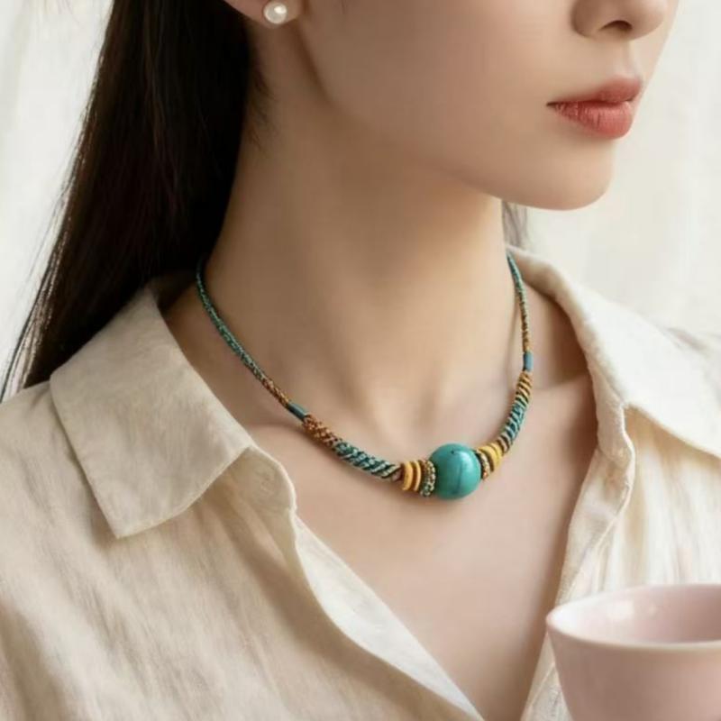 ネックレス ユニセックス 高品質 手編み 蝋石 天珠 ペンダント 丸玉 セーターチェーン アクセサリー 千..