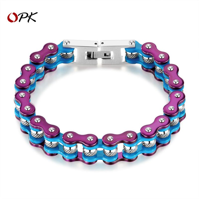 ブレスレット メンズ 男性用 ステンレス スチール 幾何学模様 研磨 仕上げ スタイリッシュ カジュアル ファッション バイクチェーン モチーフ シルバー 銀色 グリーン 緑 パープル 紫